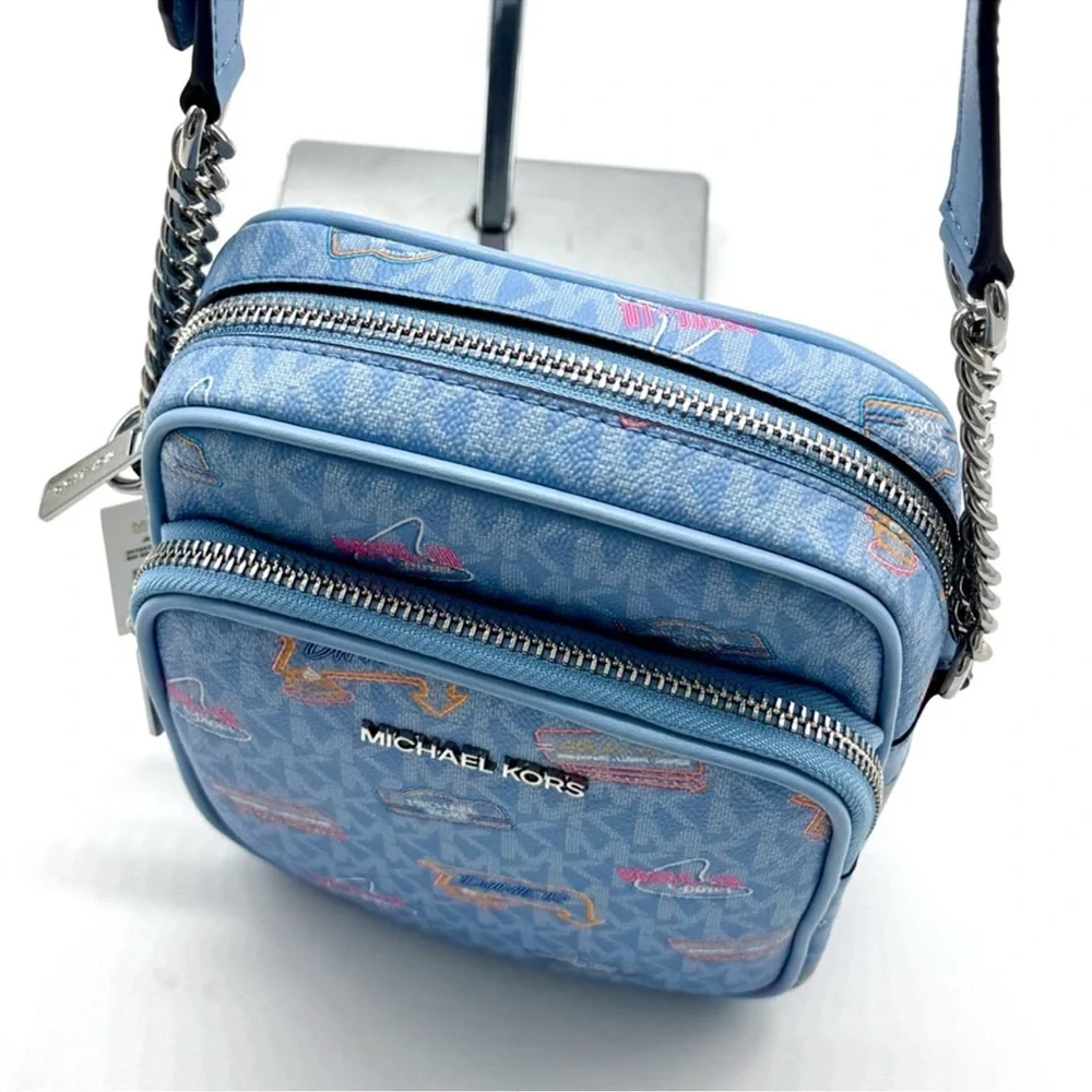 Michael Kors Jet Set Medium Printed Signature Logo Crossbody Bag Light Sky Blue